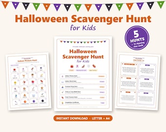 May include: A printable Halloween Scavenger Hunt activity pack for kids featuring three pages: an indoor picture hunt, a main activity list, and rhyming clue cards. The design includes orange and purple text, bunting, and icons.