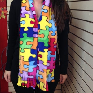 Jigsaw Puzze Pattern Scarf Handmade. Puzzle Fleece Scarf for the puzzle fan. Handmade Autism scarf. Autism Awareness scarf image 3