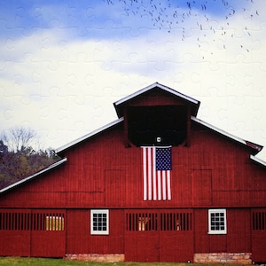 Personalized puzzle of red barn.  Custom puzzle of red barn with flag.