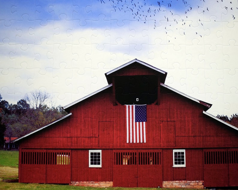 Personalized puzzle of red barn.  Custom puzzle of red barn with flag.