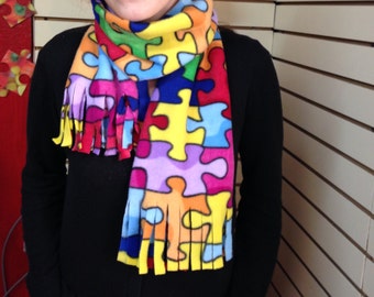 Autism Awareness Puzzle Ribbon Scarf in Black or Multi Colored Puzzle Pieces.  Jigsaw Puzzle Lover Gift.  Puzzle Love.