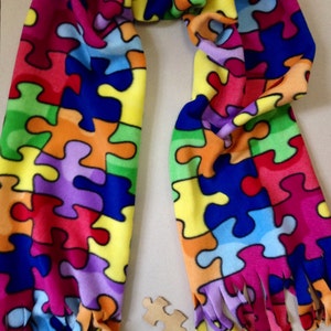 Jigsaw Puzze Pattern Scarf Handmade. Puzzle Fleece Scarf for the puzzle fan. Handmade Autism scarf. Autism Awareness scarf image 1