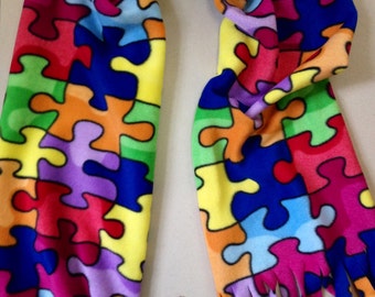 Jigsaw Puzze Pattern Scarf Handmade. Puzzle Fleece Scarf for the puzzle fan. Handmade Autism scarf. Autism Awareness scarf