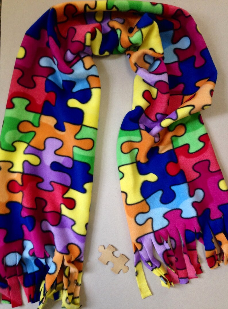 Jigsaw Puzze Pattern Scarf Handmade. Puzzle Fleece Scarf for the puzzle fan. Handmade Autism scarf. Autism Awareness scarf image 1