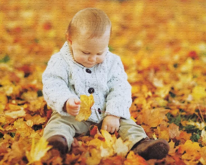 May include: A young child wearing a white sweater sits in a pile of autumn leaves. The child is holding a yellow leaf in their hand.