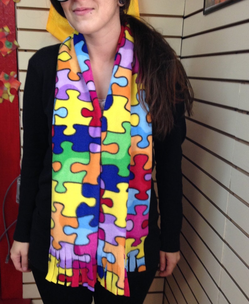 Jigsaw Puzze Pattern Scarf Handmade. Puzzle Fleece Scarf for the puzzle fan. Handmade Autism scarf. Autism Awareness scarf image 3