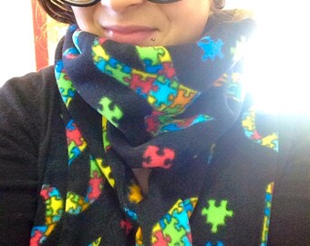 Gift on Sale.  Scarf Accessory. Fleece puzzle print scarf.  Autism awareness puzzle scarf