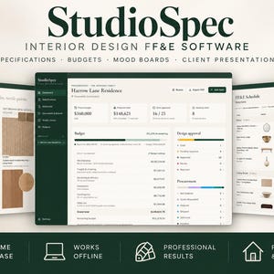 May include: StudioSpec interior design FF&E software interface showing project dashboards, budget tracking for Harrow Lane Residence, and itemized schedules with dark green sidebars and white backgrounds for professional design management.