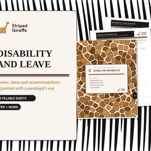 Könnte beinhalten: Ein digitales Dokumentenset mit dem Titel Disability and Leave von The Striped Giraffe, bestehend aus einem Deckblatt mit Giraffen-Logo, Text und vier ausfüllbaren Blättern. Enthält eine Seite mit einem braun-beigen Giraffenmuster.