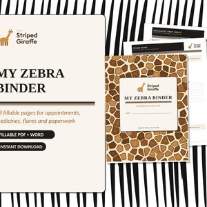 Könnte beinhalten: Ein digitales Ordner-Set mit dem Titel My Zebra Binder von The Striped Giraffe, mit einem braun-beigen Giraffenmuster-Einband, 88 ausfüllbaren Seiten für Termine, Medikamente, Schübe und Unterlagen, als PDF- und Word-Dokument.