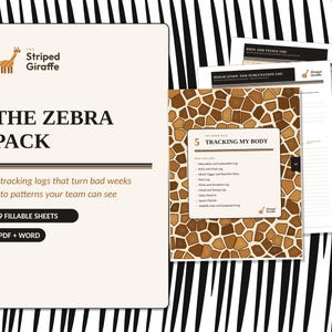 May include: The Zebra Pack digital tracking log set includes a cover page titled The Zebra Pack with a giraffe logo, plus nine fillable PDF and Word sheets. One sheet features a brown and tan giraffe-patterned border and a list of logs.