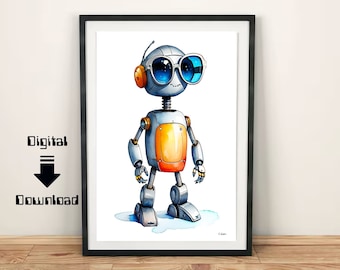 Robot art print, Children's robot art print, instant download, printable art, kids wall art, robot print, children bedroom, robot poster,art
