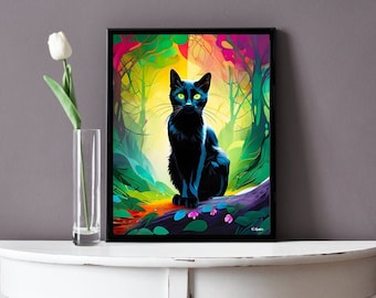 Black Cat print, psychedelic cat, whimsical and charming black cat, black cat art print, flower print, black cat art, digital art print