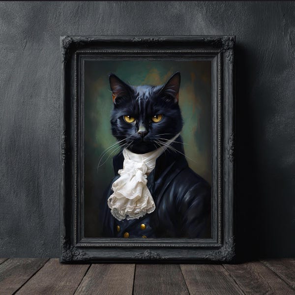 Chat noir du XIXe siècle, chat aristocratique, décoration murale animal drôle, peinture de la renaissance, portrait de chat, art animalier original, art gothique, art imprimable