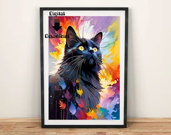 Chat noir aquarelle mignon imprimable, téléchargement immédiat, art moderne, impression sur toile, grand art mural, art mural numérique, impression d'art chat noir, art