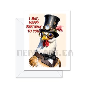 Carte de joyeux anniversaire poulet steampunk, carte de voeux, carte de geek, steampunk, poulet, humour geek, art de poulet, poulet steampunk, anniversaire drôle