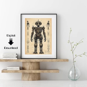 Puede incluir: Una ilustración de estilo vintage de un robot con un diagrama detallado de su funcionamiento interno. El robot está hecho de metal y tiene una cabeza grande con un solo ojo. La ilustración está en tonos de marrón, negro y blanco.