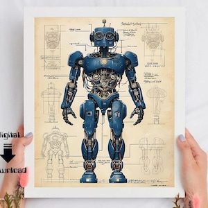 Könnte beinhalten: Eine Vintage-Illustration eines blauen Roboters mit sichtbaren Zahnrädern und Drähten. Der Roboter steht auf einem weißen Hintergrund mit einem Design im Blaupausen-Stil.