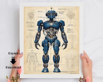 Futuristic Humanoid Robot Schematics Digital Blueprint Drawing, Robot art, Digital Drawing of Humanoid Robot Schematics - Instant Download