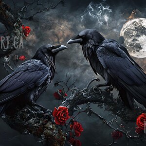 May include: A digital art print featuring two black ravens perched on a dark, gnarled tree branch, surrounded by red roses. A full moon and a cloudy night sky form the backdrop. The text "NERD ART.CA" is visible.
