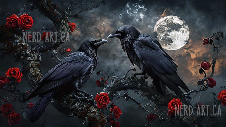 May include: A digital art print featuring two black ravens perched on a dark, gnarled tree branch, surrounded by red roses. A full moon and a cloudy night sky form the backdrop. The text "NERD ART.CA" is visible.