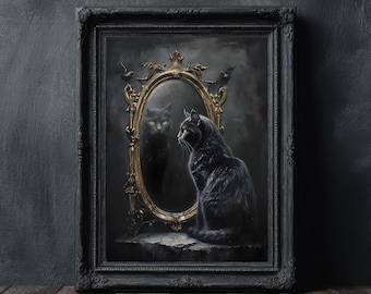 Gatto nero gotico nello specchio, dark academia, stampa di Halloween, arte del gatto nero, arte murale dark moody, arte cottagecore, decorazioni dark academia, arte gotica