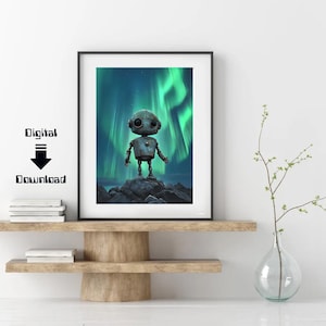 Printable robot art print, robot wall art, digital art print, printable art, children&#39;s room,nursery art,northern lights, printable wall art