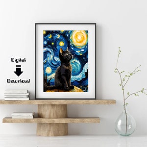 The Starry Night Cat Print Van Gogh vertical print, black cat art prints, Vincent Van Gogh print, Starry Night, digital art print, black cat