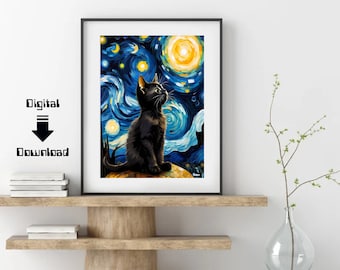 The Starry Night Cat Print Van Gogh vertical print, black cat art prints, Vincent Van Gogh print, Starry Night, digital art print, black cat