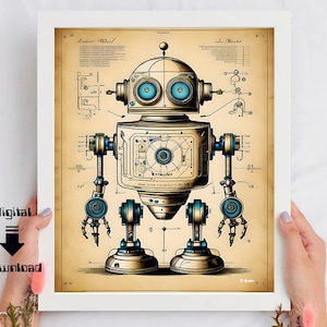 Puede incluir: Una ilustración de estilo vintage de un robot con ojos azules y engranajes. El robot está dibujado en un estilo mecánico detallado con un esquema de color beige y marrón. La ilustración se coloca sobre un fondo beige con texto y diagrammes.