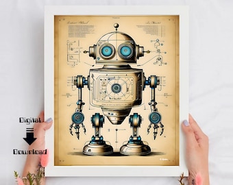 Robot art schematics art print, robot art, retro robot art,kid's room decor,instant download,printable art,  printable robot art,robot print