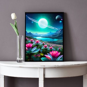 Impression d'art Bord de fleurs, impression d'art fleurs colorées, impression florale, impression d'art fleurs, impression d'art planète fleurs, impression d'art planètes lune