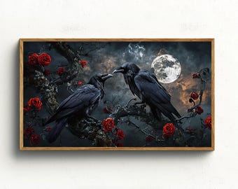 TV Art, tv Frame art, Raven Couple with Red Roses Art Print, Dark Academia, Cottagecore Decor, frame tv art, spring frame tv art, gothic tv