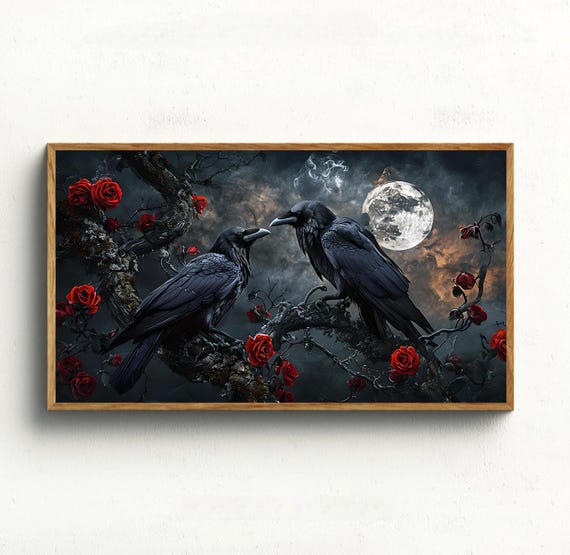 TV Art, tv Frame art, Raven Couple with Red Roses Art Print, Dark Academia, Cottagecore Decor, frame tv art, spring frame tv art, gothic tv