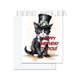 Carte de chat steampunk joyeux anniversaire, carte de vœux, carte geek, steampunk, chat, chat noir, minou, joyeux anniversaire, carte de chat, carte d’amoureux des chats, art