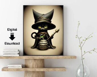 Wizard cat, black cat art, wizard cat portrait,  whitchy cat, magic cat, magic kitty art prints, downloadable cat art,printable cat art, art