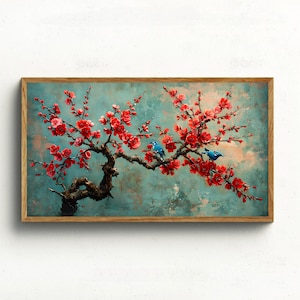Frame TV art, cherry blossom branch and birds, Samsung Frame Tv art, frame tv art Japanese, boho frame tv art, floral frame tv, smart tv art