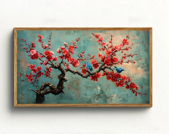 Frame TV art, cherry blossom branch and birds, Samsung Frame Tv art, frame tv art Japanese, boho frame tv art, floral frame tv, smart tv art