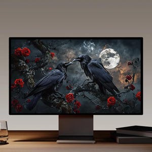 May include: A computer monitor displays a digital art piece featuring two black ravens perched on a branch with red roses. A full moon shines in the background. The scene is set against a dark, cloudy sky.