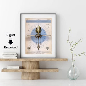 May include: A vintage style illustration of a futuristic airship with a detailed diagram of its design. The airship is depicted in a light brown color with a blue background. The illustration is framed in a black frame and displayed on a shelf.