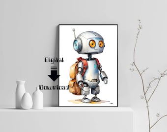 Children's Robot art print, instant download, robot print, kids wall art, children bedroom, robot art, whimsical robot art print, art, robot