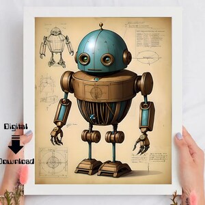 Könnte beinhalten: Eine Vintage-Roboter-Illustration mit blauem Kopf, braunem Körper und goldenen Akzenten. Der Roboter hat ein kreisförmiges Design auf seiner Brust und steht auf einem weißen Hintergrund.