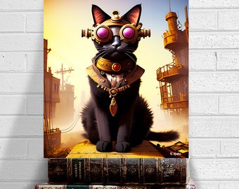 Steampunk Cat-kunstprint, steampunk, stoompunk, downloadbare kat, afdrukbare kattenkunst, zwarte kattenkunst, zwarte kat, steampunkdecor, kunstafdrukken