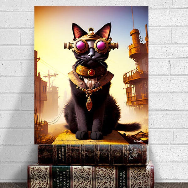 Steampunk Cat art print, steampunk, steam punk, downloadable cat, printable cat art, black cat art, black cat, steampunk decor, art prints