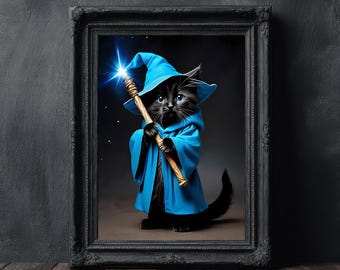 Grillige tovenaar zwarte kat Art Print, magische fantasie illustratie (digitale download)