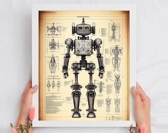Schema's robotkunst, robotafdruk, retro robotkunst, inrichting kinderkamer, afdrukbare digitale download, afdrukbare robotkunst, kunst aan de muur robot, robot