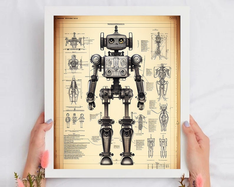 Robot Art Schematics, Robot Print, Retro Robot Art, Kid's