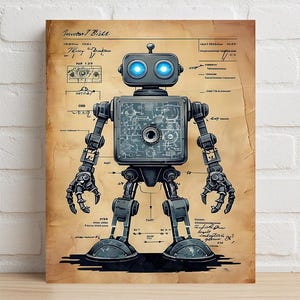 Könnte beinhalten: Illustration eines Steampunk-Roboters mit detailliertem mechanischem Design. Der Roboter hat einen quadratischen Kopf mit leuchtend blauen Augen und einen Körper, der interne Zahnräder zeigt. Der Hintergrund ist ein Vintage-Bauplan mit handschriftlichen Notizen.