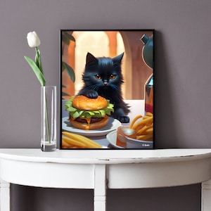 May include: A black cat with yellow eyes sits at a table with a hamburger, french fries, and a glass of liquid. The cat is looking at the hamburger.