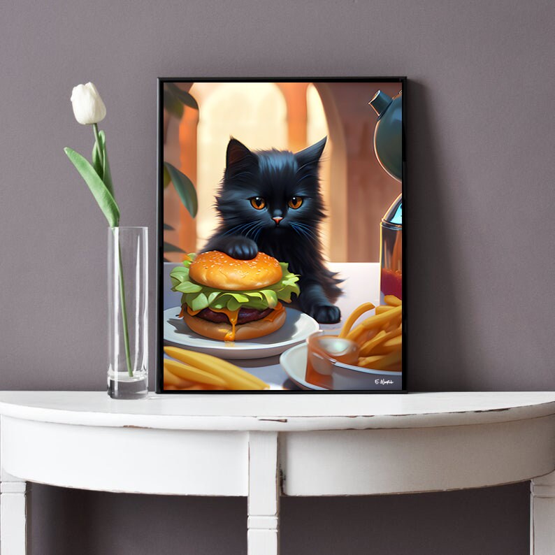 May include: A black cat with yellow eyes sits at a table with a hamburger, french fries, and a glass of liquid. The cat is looking at the hamburger.